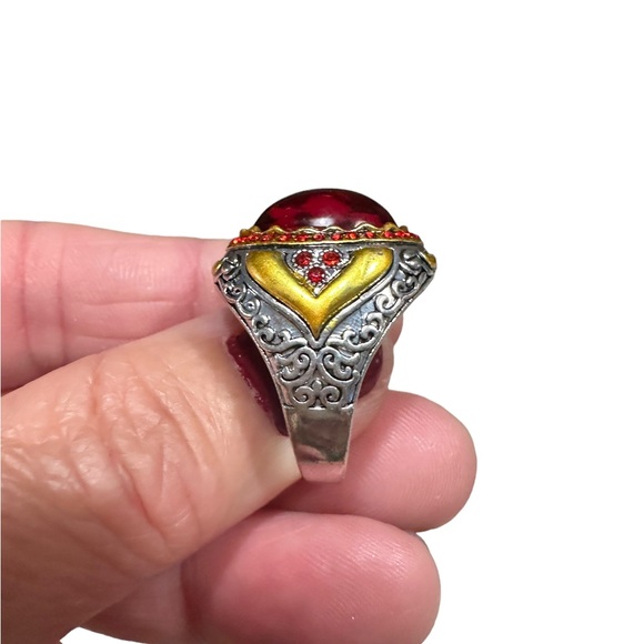 Silver with Gold Accents Red Ruby Unisex Ring - Picture 6 of 8